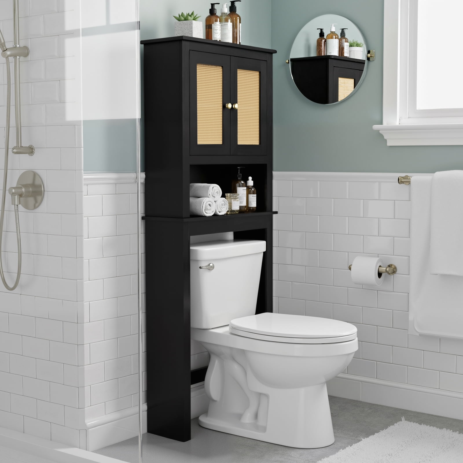 Over The Toilet Storage Cabinet, Behind Toilet Bathroom Organizer with Adjustable Shelves, Above Toilet Organizers with Rattan Door, Space Saver for Restroom, Bathroom, Laundry,Black