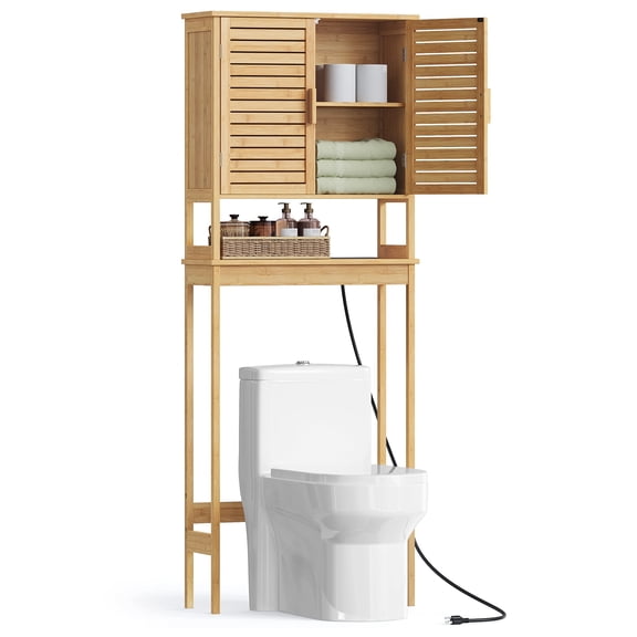 Over The Toilet Storage Cabinet with Charging Station, Bathroom Cabinet with Adjustable Inside Shelf and Bottom Stabilizer Bar, Space-Saving Toilet Rack
