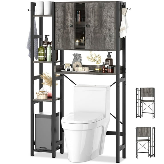 Over The Toilet Storage Cabinet with Doors, Homieasy 7 Tier Bathroom Organizer with Adjustable Shelf and 4 Hooks, Space Saving Rack for Bathroom, Restroom, Laundry