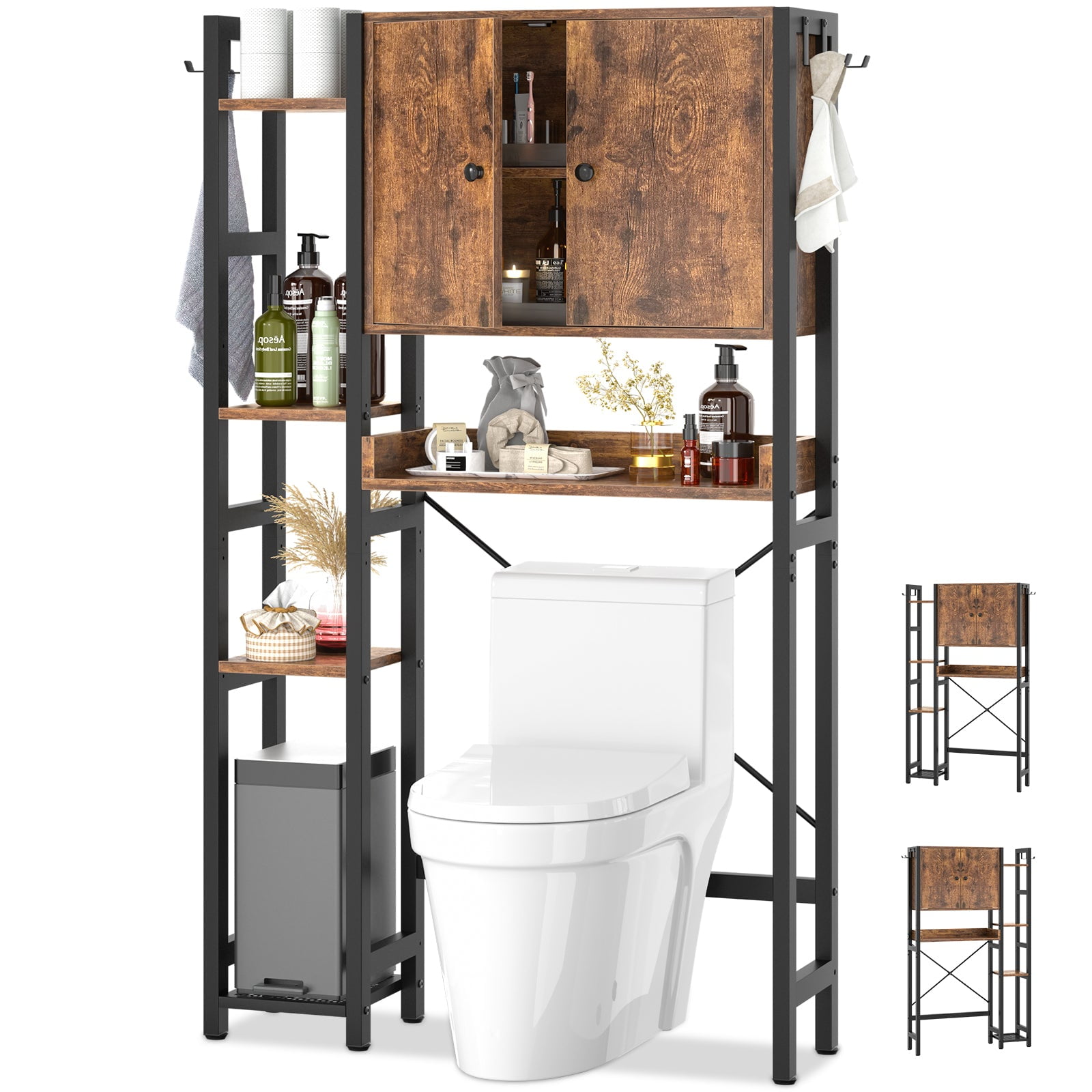 Over The Toilet Storage Cabinet with Doors, Homieasy 7 Tier Bathroom Organizer with Adjustable Shelf and 4 Hooks, Space Saving Rack for Bathroom, Restroom, Laundry