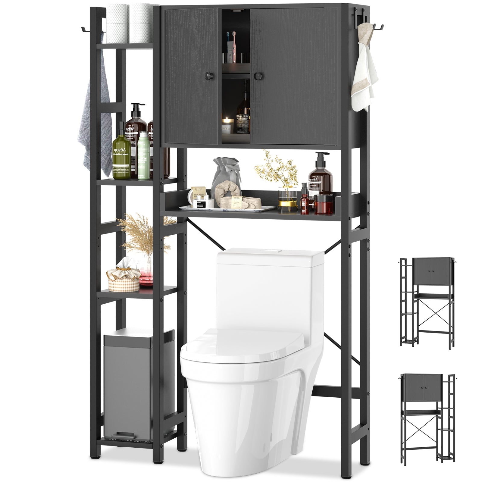 Over The Toilet Storage Cabinet with Doors, Homieasy 7 Tier Bathroom Organizer with Adjustable Shelf and 4 Hooks, Space Saving Rack for Bathroom, Restroom, Laundry