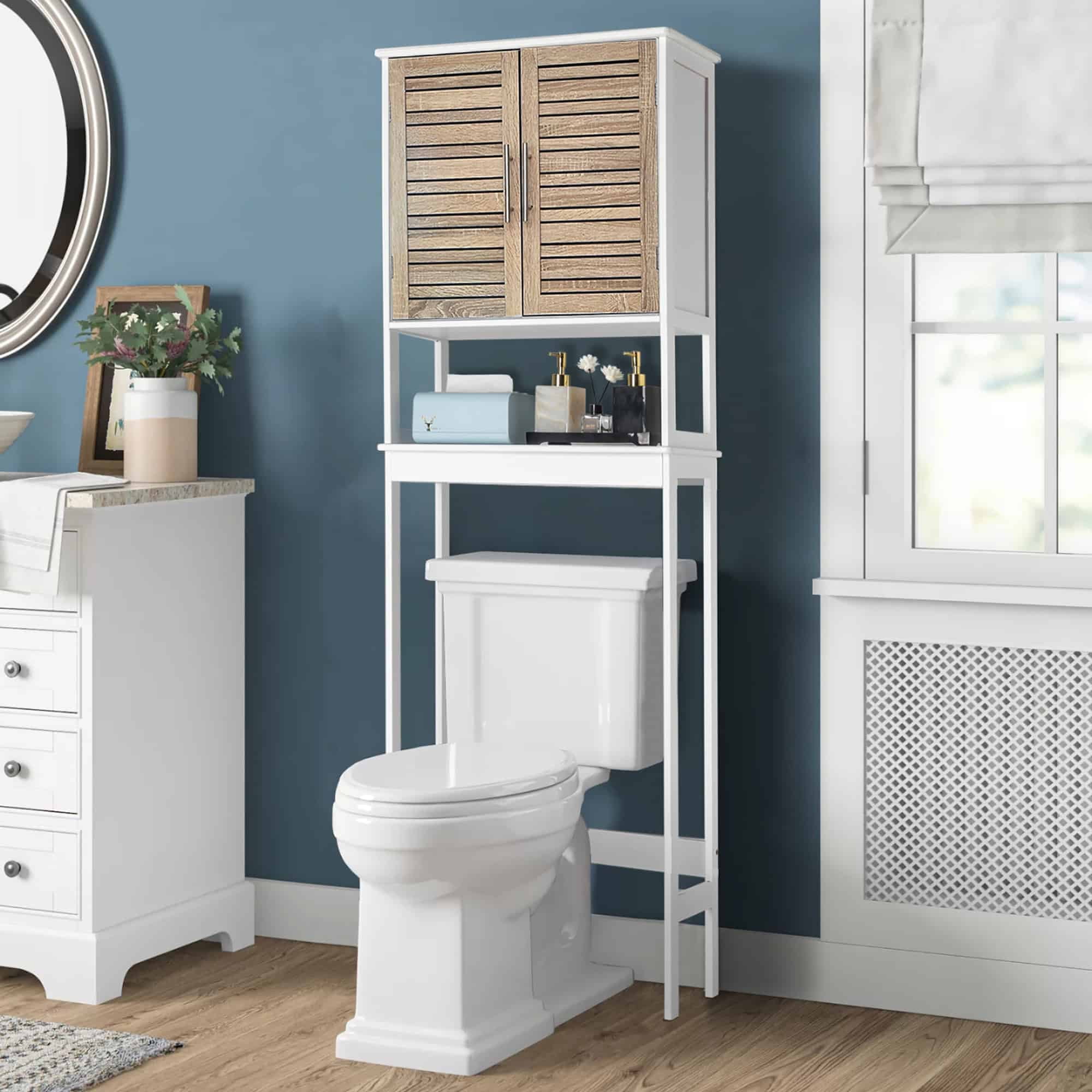 White and Oak Over-the-Toilet Bathroom Storage Cabinet