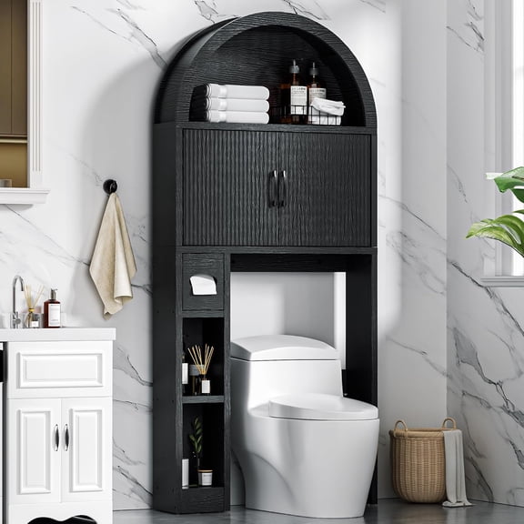 Over The Toilet Storage Cabinet, Farmhouse Rual Bathroom Organizer, Storage Organizer Cabinet with Adjustable Shelf and Elegant Arched Design, for Bathroom(Black)