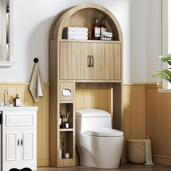 Over The Toilet Storage Cabinet, Farmhouse Rual Bathroom Organizer, Storage Organizer Cabinet with Adjustable Shelf and Elegant Arched Design, for Bathroom, Laundry and Restroom