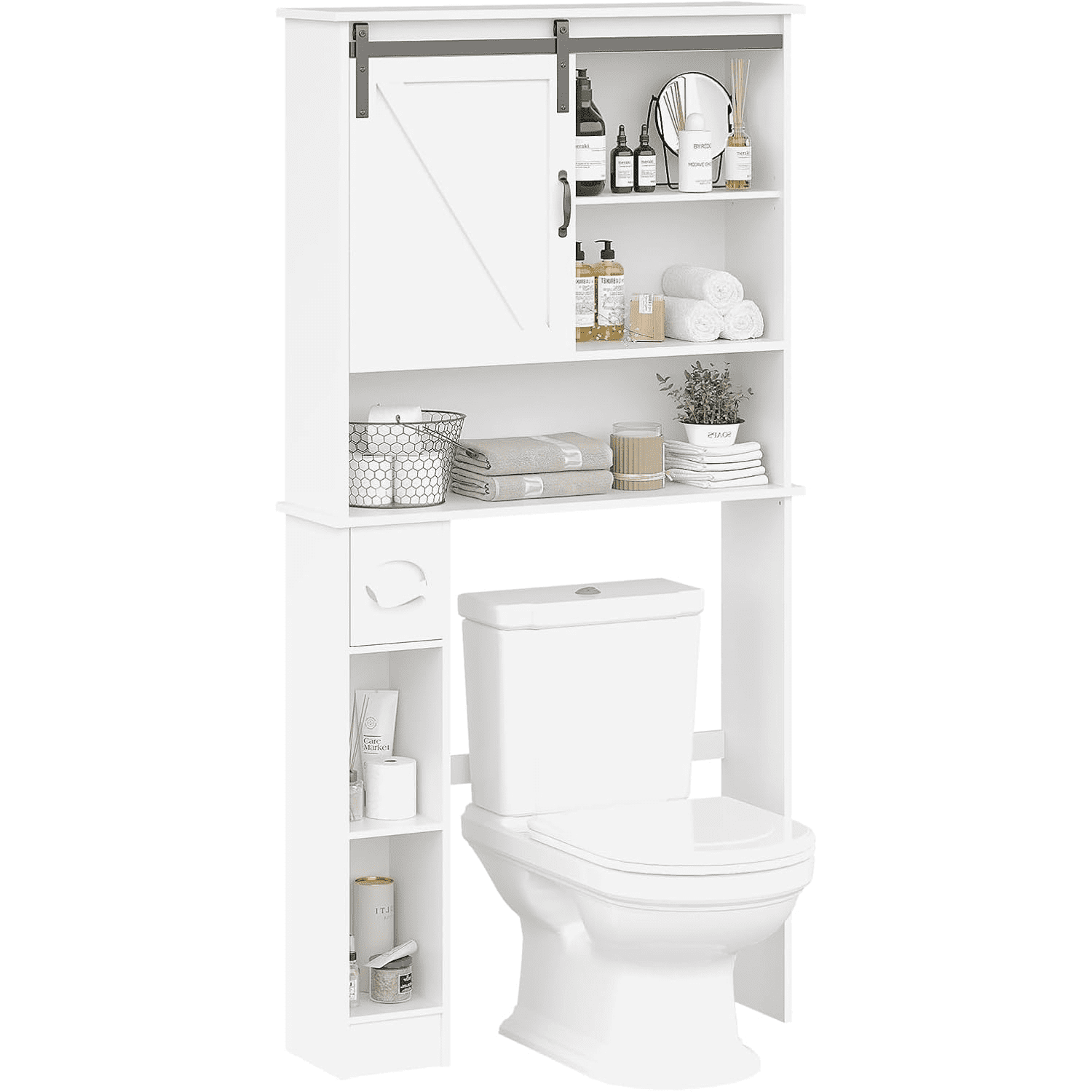 Over the Toilet Storage Cabinet with Farmhouse Sliding Barn Door Above Toilet Organizer Toilet Paper Holder Behind Toilet Shelf with  Adjustable Shelf for  Bathroom,Laundry Space Save