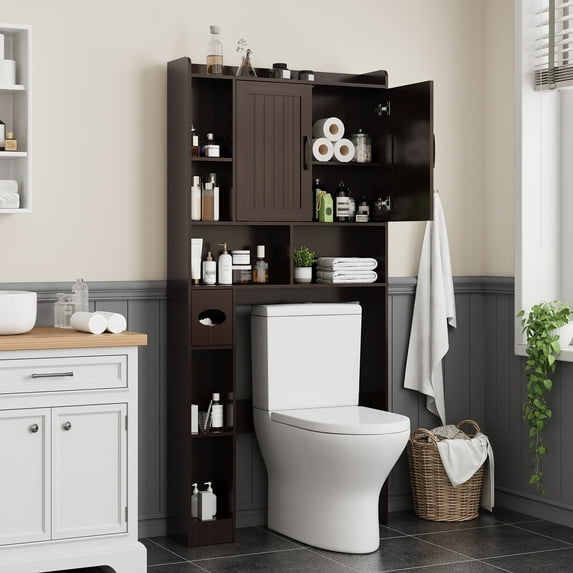Vabches Over The Toilet Storage Cabinet with Paper Holder Stand, Farmhouse Storage Cabinet Over Toilet with 2 Barn Doors,Home Space-Saving Toilet Rack for Bathroom, Restroom, Laundry