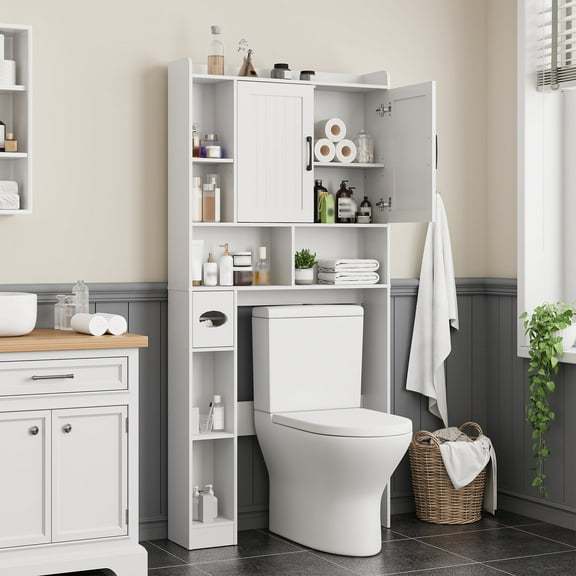Vabches Over The Toilet Storage Cabinet, Farmhouse Storage Cabinet Over Toilet with 2 Barn Door & Toilet Paper Holder Stand，Home Space-Saving Toilet Rack for Bathroom, Restroom, Laundry