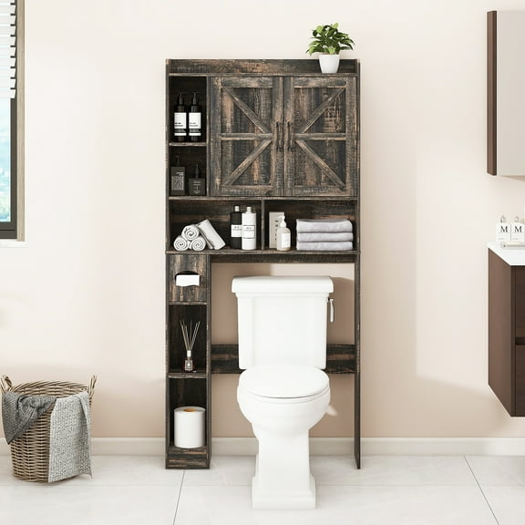 Over The Toilet Storage Cabinet, Farmhouse Storage Cabinet Over Toilet with 2 Barn Door & Toilet Paper Holder Stand,Home Space-Saving Toilet Rack, for Bathroom, Restroom, Laundry