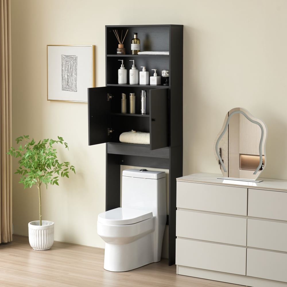 Over The Toilet Storage Cabinet With Sliding Doors - Farmhouse Style Bathroom Organizer With Paper Holder