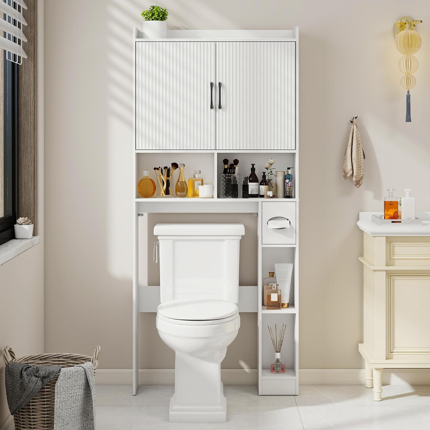 Farmhouse Over-The-Toilet Storage Cabinet - Space Saving Bathroom Organizer With Sliding Doors