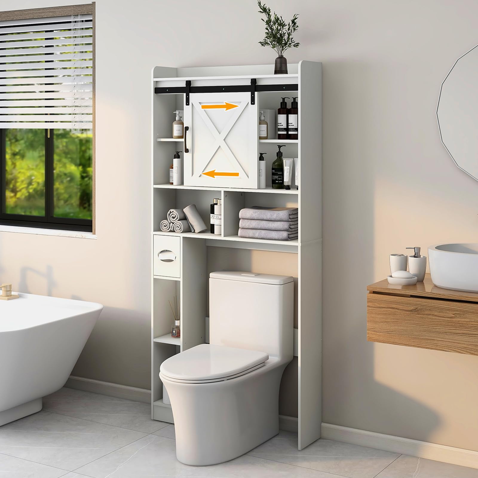 White Farmhouse Over-The-Toilet Storage Cabinet with Barn Doors