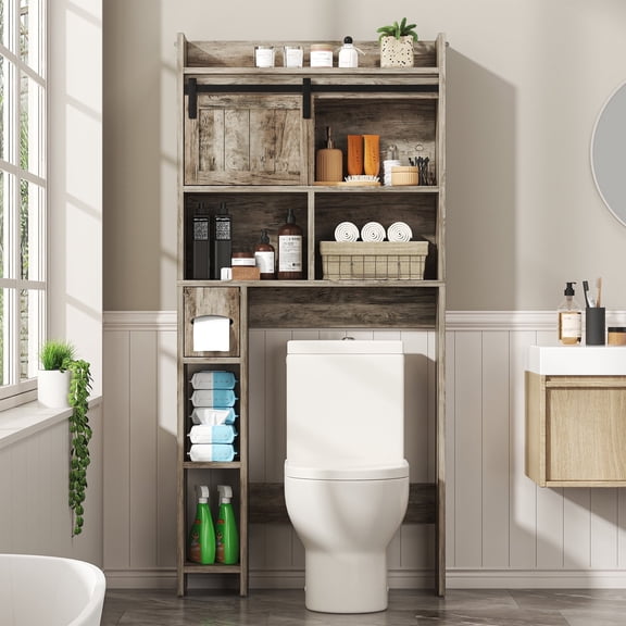Over The Toilet Storage Cabinet, Farmhouse Storage Cabinet Over Toilet with Sliding Door & Toilet Paper Holder Stand,Home Space-Saving Toilet Rack, Gray