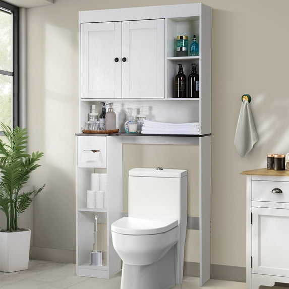 Over the Toilet Storage Cabinet, Farmhouse Storage Cabinet Shelf with 2 Barn Door & Tissue Holder Stand, Space-Saving Toilet Rack, Bathroom Laundry Cabinets Organizer for Home Hotel