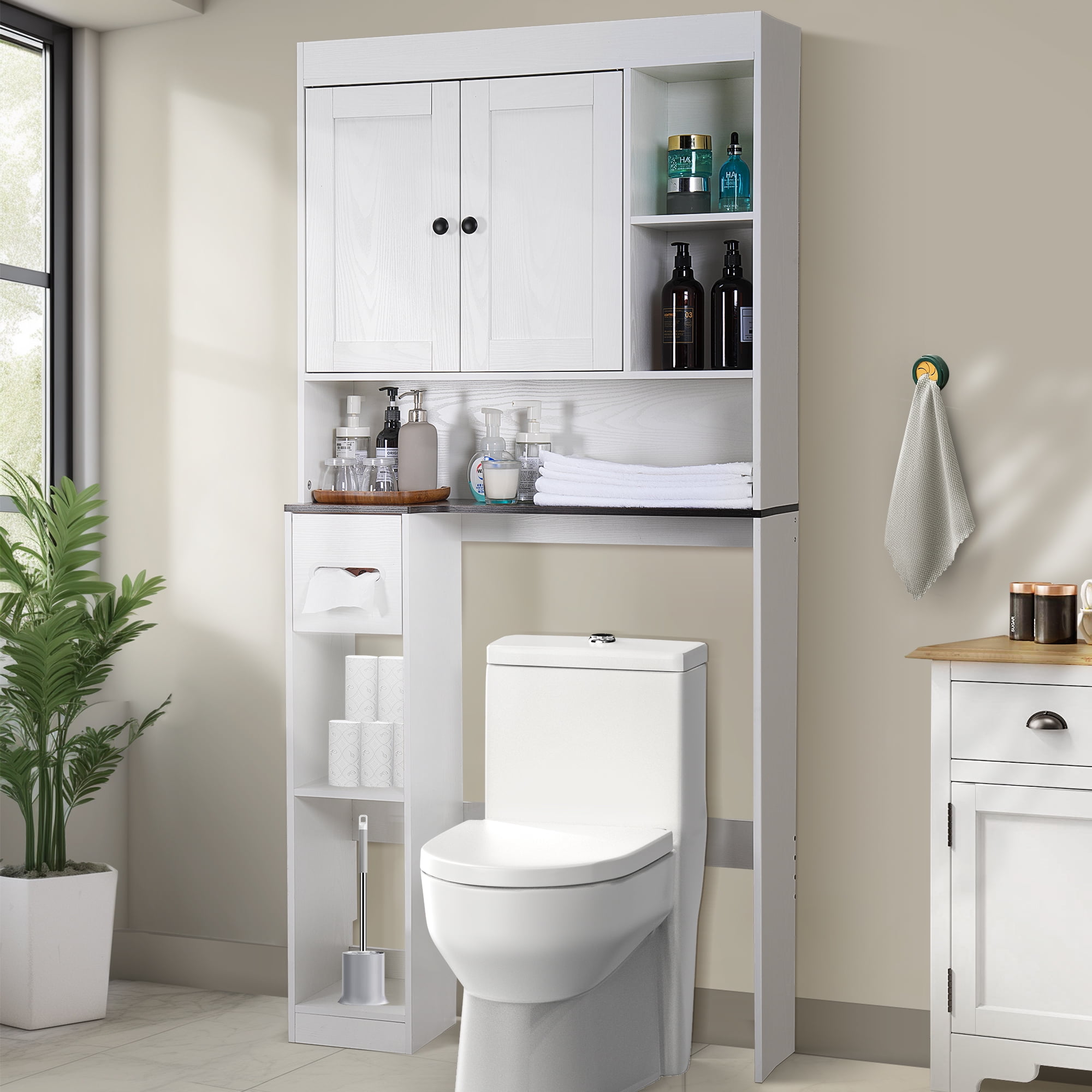 Over The Toilet Storage Cabinet,Farmhouse Storage Cabinet Over The Toilets Shelf with 2 Barn Door \u0026 Toilet Paper Holder Stand,Home Space-Saving Toilet Rack,Bathroom Cabinets for Bathroom,Laundry