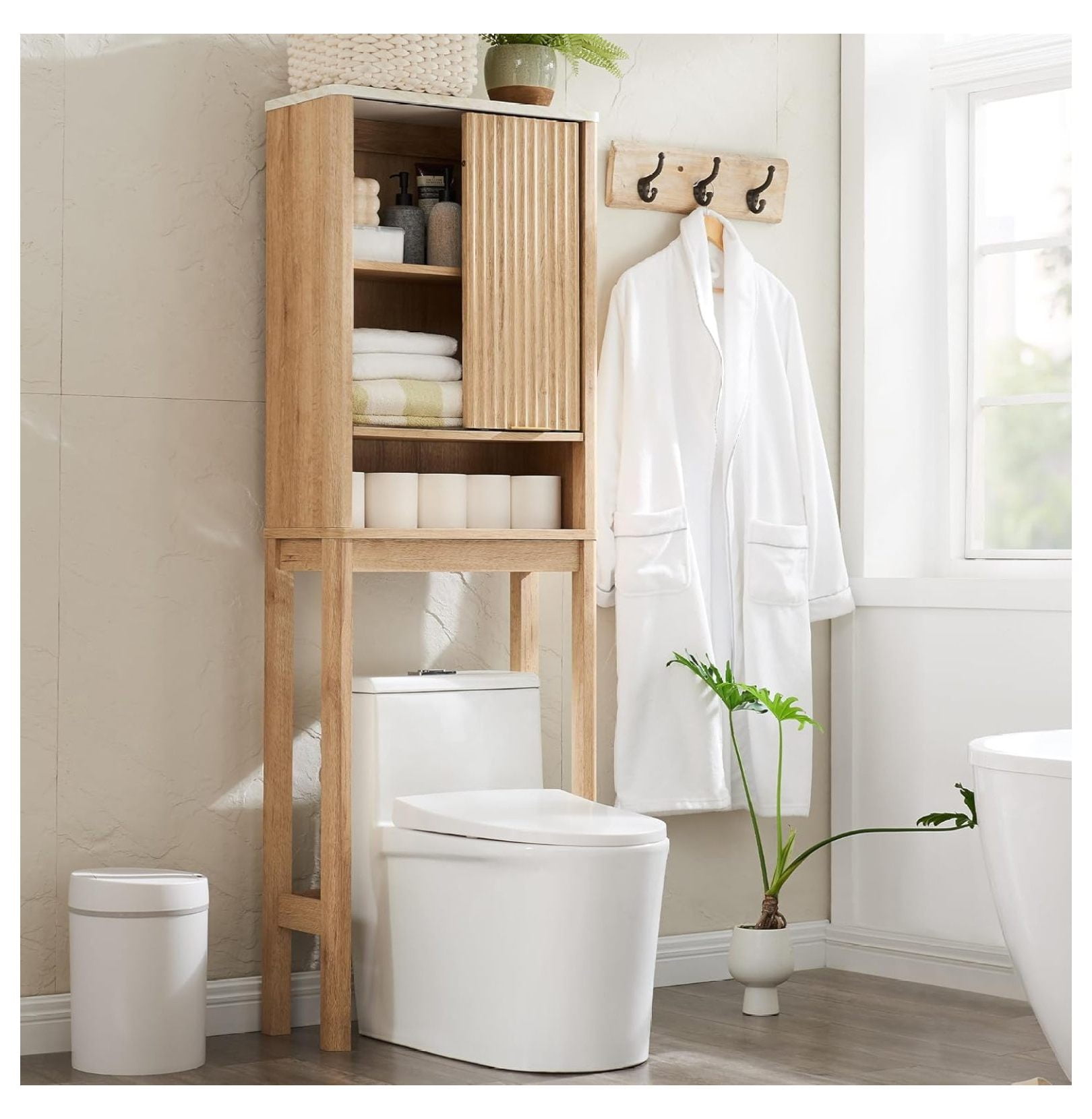 Over The Toilet Storage Cabinet with Fluted Sliding Door, 68" Tall Wood ...