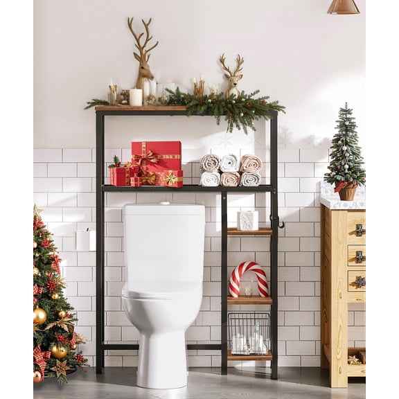 Over The Toilet Storage Cabinet, Freestanding Bathroom Organizer with Toilet Paper Holder, Hooks, 5-Tier Bathroom Storage Shelves for Laundry Room, Space Saver, Rustic Brown and Black BF84TS01