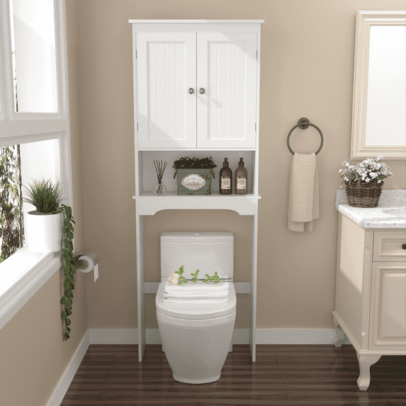 65" over The Toilet Storage Cabinet, Freestanding Wood Toilet Cabinet with Adjustable Shelf and and Open Shelf, Space Saving Bathroom Shelf Organizer