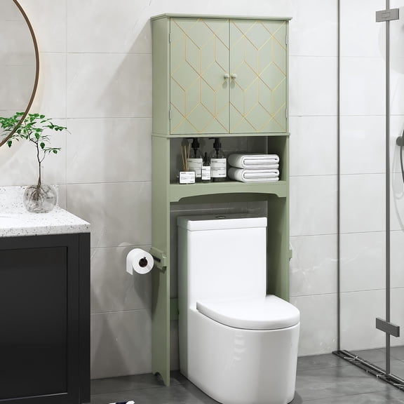 Over The Toilet Storage Cabinet with Gold Trim, Modern Bathroom Organizer Over Toilet with Adjustable Shelves and Toilet Paper Holder for Bathroom (Green)