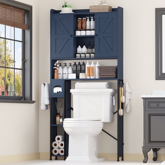 POAO 32"W Over the Toilet Storage Cabinet with Metal Frame &7 Storage Shelves, Bathroom Organizer with Adjustable Shelves &Paper Holder, Blue