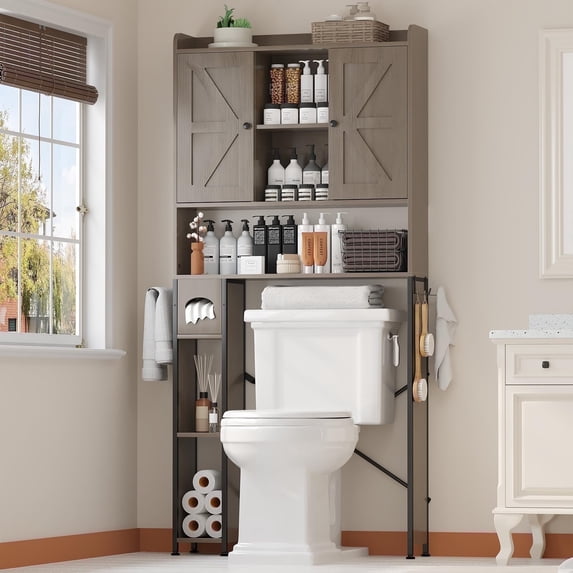 POAO Over the Toilet Storage Cabinet with Metal Frame &7 Storage Shelves,Bathroom Storage Organizer with Adjustable Shelves &Paper Holder,Oak Grey