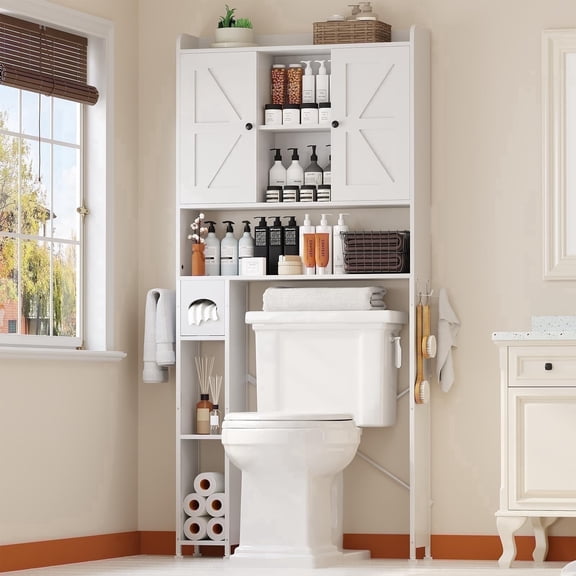 POAO 32"W Over the Toilet Storage Cabinet with Metal Frame and 7 Storage Shelves, Bathroom Organizer with Adjustable Shelves and Paper Holder, White