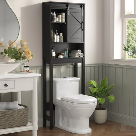 Over the Toilet Storage Cabinet, Rustic Storage Cabinet Over Toilet with Sliding Barn Door & Adjustable Shelves, Farmhouse Space Saver Organizer for Bathroom,Living Room, Black