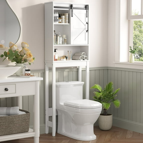 Over the Toilet Storage Cabinet, Rustic Storage Cabinet Over Toilet with Sliding Barn Door & Adjustable Shelves, Farmhouse Space Saver Organizer for Bathroom,Living Room, White