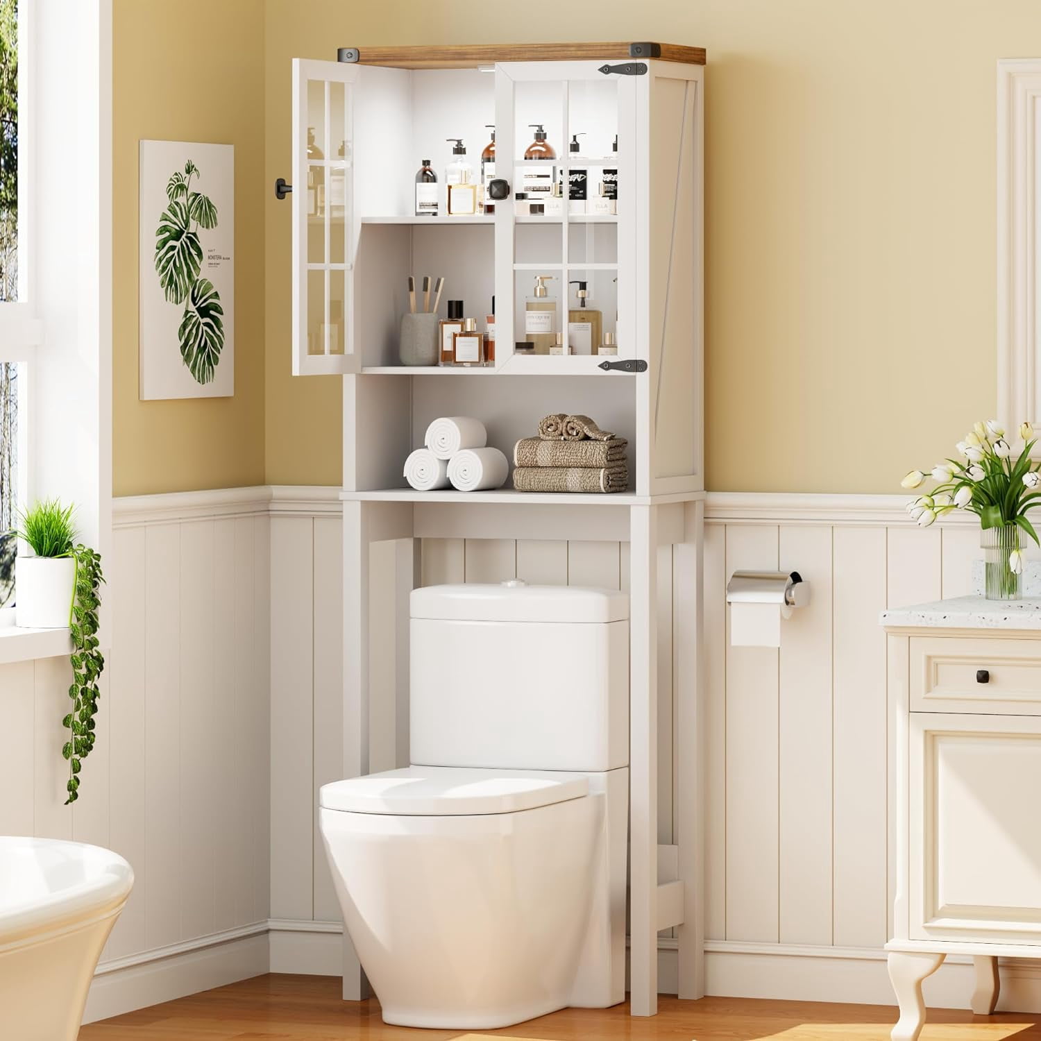 Over The Toilet Storage Cabinet with Shelves & Doors, Toilet Shelf ...