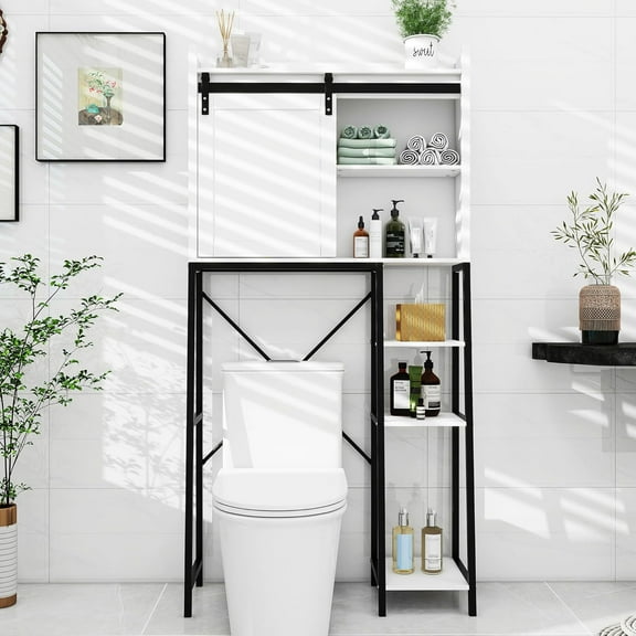 Over The Toilet Storage Cabinet with Side Rack and Shelves, Freestanding Space Saver Organizer Above Toilet with Sliding Barn Door & Iron Pedestal, for Bathroom, Laundry, White