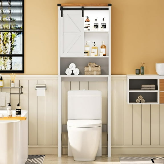 Over The Toilet Storage Cabinet with Sliding Barn Door, Farmhouse Toilet Shelf Space Saver with Anti-Tip Design & Ceiling Light, Free-Standing Bathroom Organizer, White