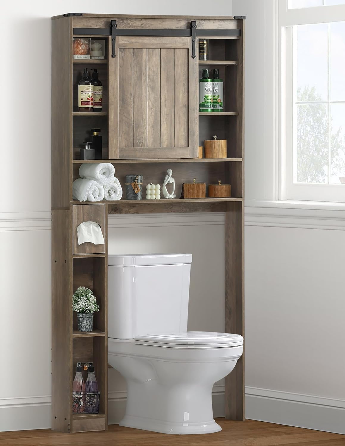Over The Toilet Storage Cabinet With Barn Doors – Bathroom & Laundry Organizer, White With Black Frame, Adjustable Shelves