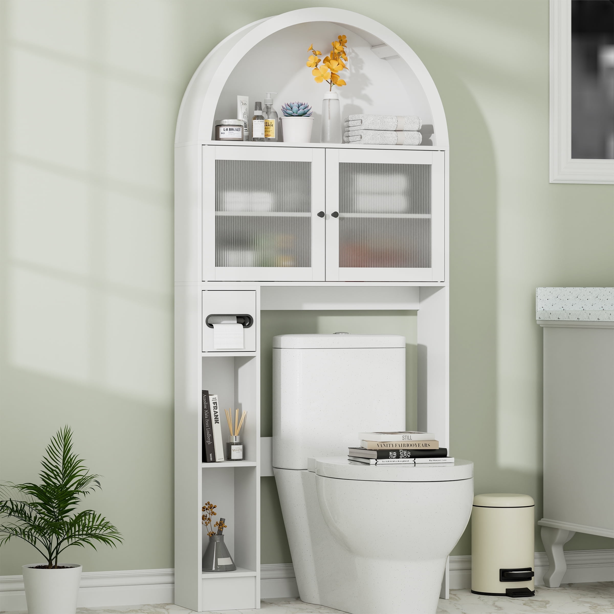 Over The Toilet Storage Cabinet, Over Toilet Cabinet 3-Tier Adjustable Shelves with Acrylic Doors, Freestanding Bathroom Organizer for Toiletries & Towels, Modern Arched Design White