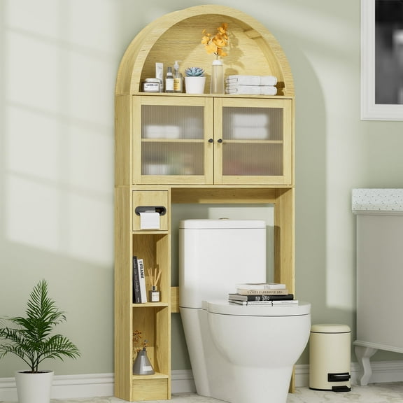 Over The Toilet Storage Cabinet, Over Toilet Cabinet 3-Tier Adjustable Shelves with Acrylic Doors, Freestanding Bathroom Organizer for Toiletries & Towels, Modern Arched Design Oak Wood