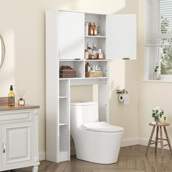 Over the Toilet Storage Cabinet, Toilet Storage with Adjustable Shelf and Bottom Bar, Over Toilet Bathroom Organizer with Wave Pattern Cabinet Doors, 31 IN W, for Restroom, Laundry, Bathroom, White