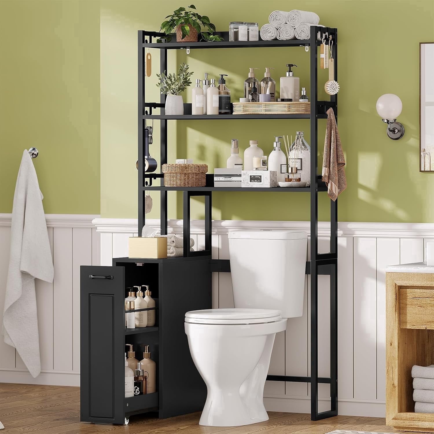 Weiplehoom Over the Toilet Storage Cabinet with Wheeled Drawer Trolley & 3-tier Open Shelves, Bathroom Organizer with 6 Hooks, Storage Rack for Restroom, Bathroom, Laundry, Plant Stand, Black