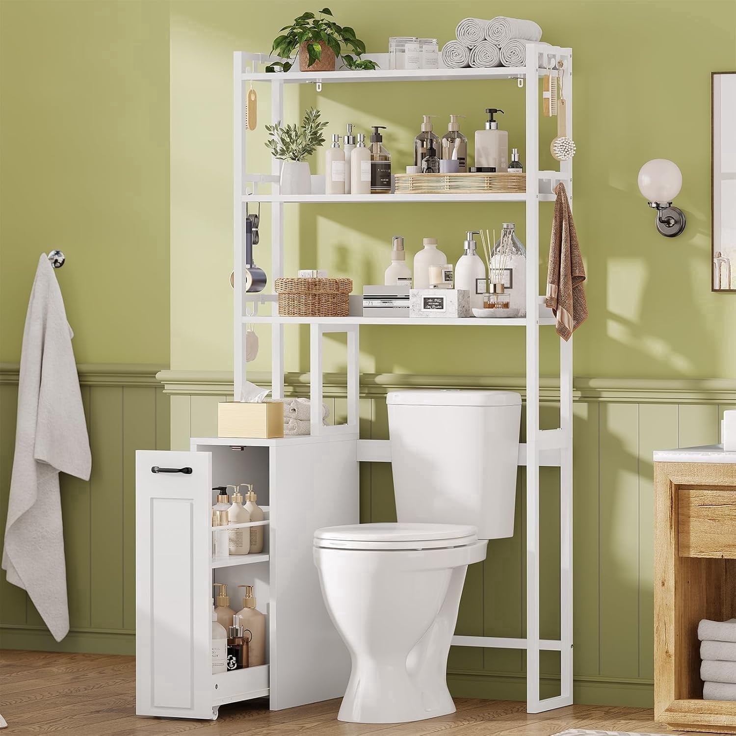 Weiplehoom Over the Toilet Storage Cabinet with Wheeled Drawer Trolley & 3-tier Open Shelves, Bathroom Organizer with 6 Hooks, Storage Rack for Restroom, Bathroom, Laundry, Plant Stand, White