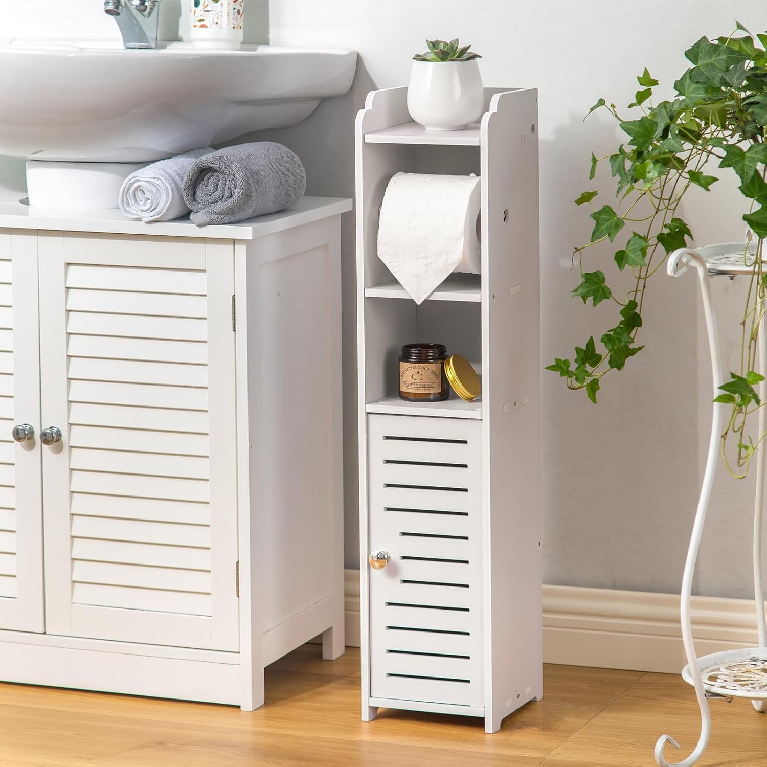 Toilet Storage Cabinet with Paper Holder - Space-Saving Bathroom Organizer (Multi-Color Options)