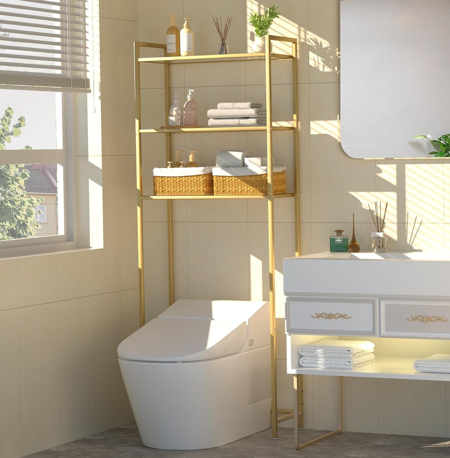 Over The Toilet Storage Metal 3-Tier Bathroom Organizer Rack with Tempered Glass Shelves Space-Saving Modern Golden