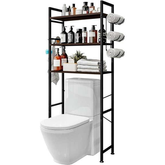 Over The Toilet Storage Rack 3 Tier Bathroom Organizer Shelf Over Toilet Freestanding Space Saver Toilet Stands with 10 Hooks Multifunctional (BlackOak)
