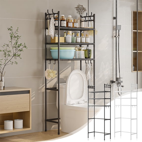 Above Toilet Storage Rack | 3-Tier Bathroom Organizer Shelf | White or Black Coated Iron Frame | Durable Plastic Shelves | Stable Widened Base | 160x47x25cm | Space Saving | Easy Assembly | 1 Unit