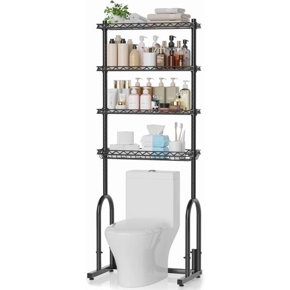 Over The Toilet Storage Rack, 4-Tier Bathroom Organizer with Adjustable Shelves & Basket, Rust-Resistant Metal Over Toilet Shelf for Small Bathroom Space Saving, White