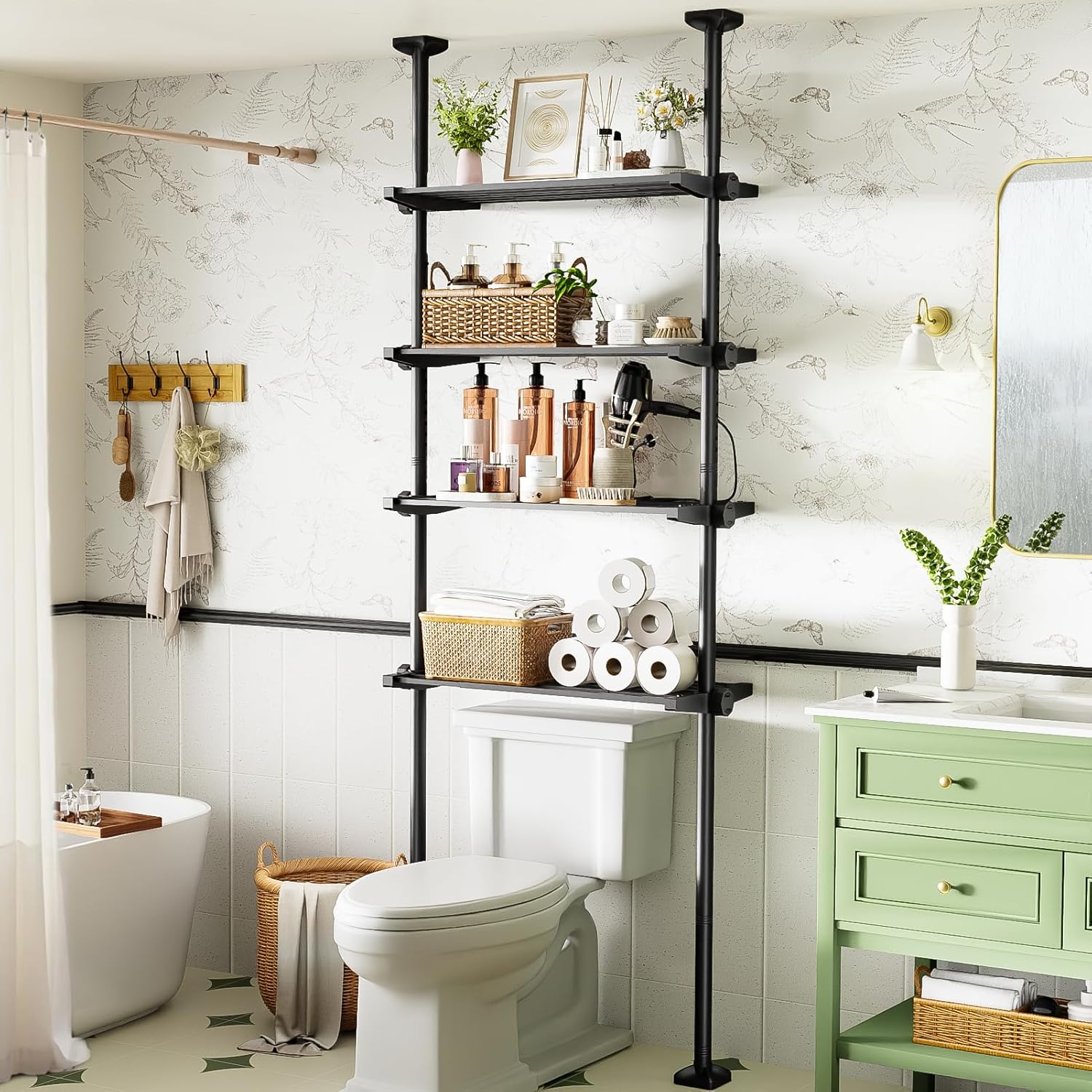 Over The Toilet Storage Shelf, 4-Tier Adjustable Bathroom Organizer, No Drill Tension Mounted Shelves, Space-Saving Bathroom Cabinet Rack Above Toilet for Small Rooms, Black
