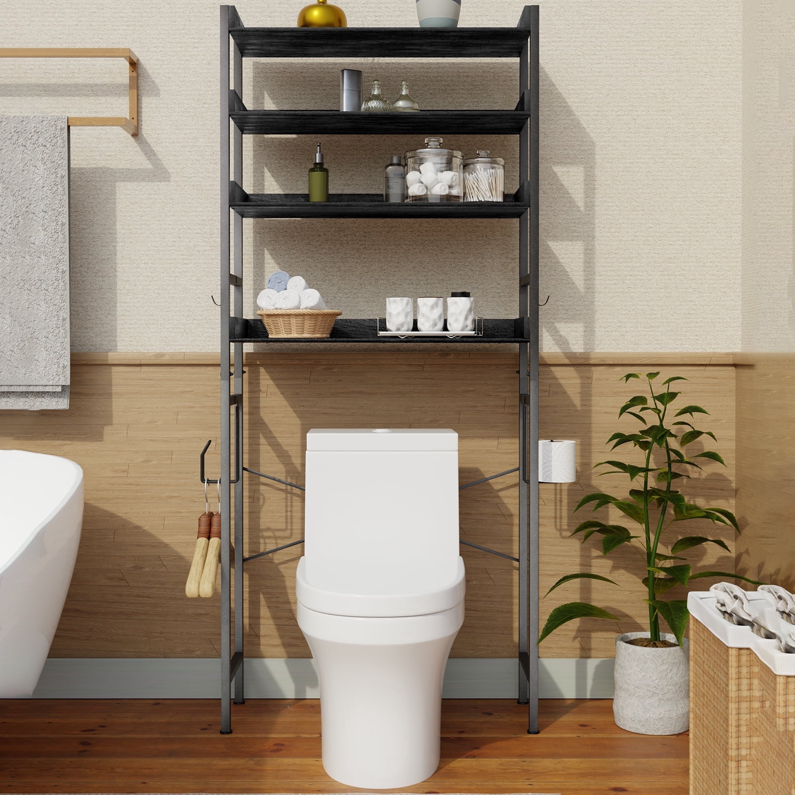 Over The Toilet Storage Shelf, 4 Tier Bathroom Organizer Shelf, Freestanding Space Saver with Toilet Paper Holder, Multifunctional Over The Toilet Rack with Adjustable Shelves, Black