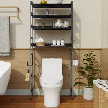 Over The Toilet Storage Shelf, 4 Tier Bathroom Organizer Shelf, Freestanding Space Saver with Toilet Paper Holder, Multifunctional Over The Toilet Rack with Adjustable Shelves, Black