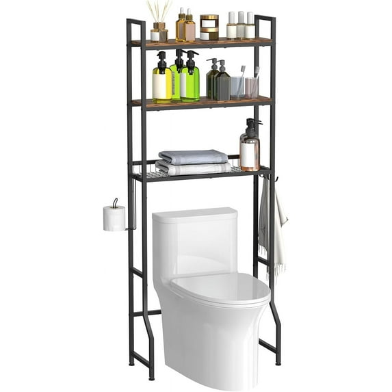 chdqwer Over The Toilet Storage Over Toilet Bathroom Organizer 3 Tier Above Toilet Storage Rack for Bathroom Freestanding Bathroom Space Saver with Metal Frame and 4 Hooks for Laundry