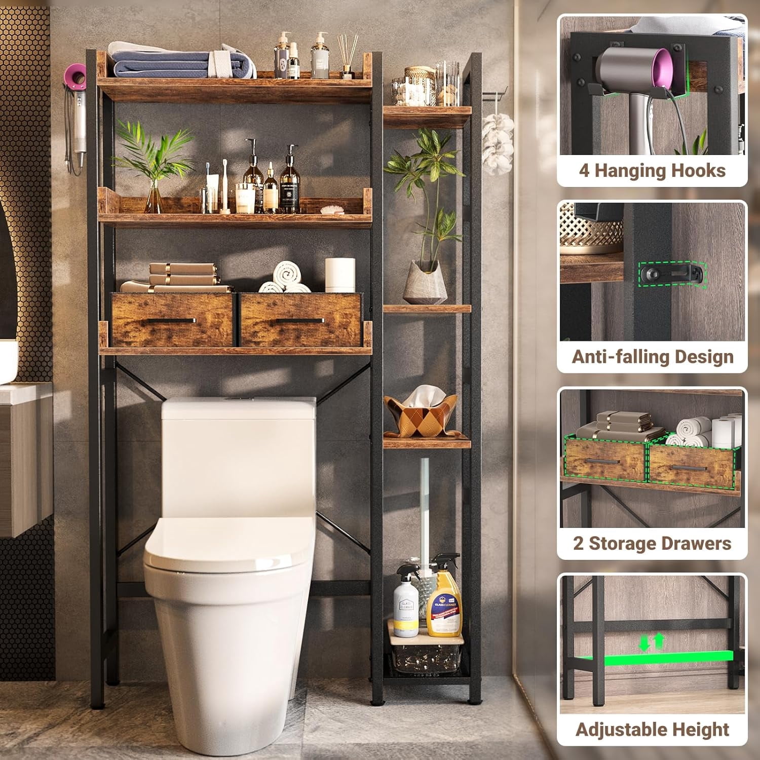 Over the Toilet Storage Upgraded version with 2 Drawers 7 Tier Bathroom Organizer with Adjustable Shelf Freestanding Space Saver above Toilet Stand with 4 Hooks Metal Bathroom Organizer, Rustic Brown