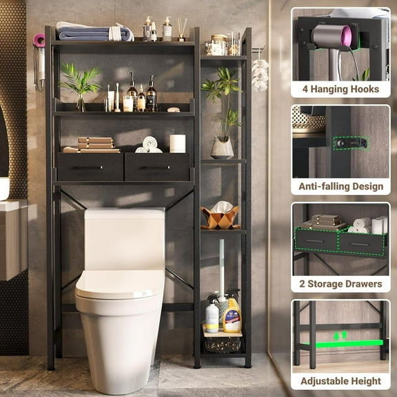 Over the Toilet Storage Upgraded version with 2 Drawers 7 Tier Bathroom Organizer with Adjustable Shelf Freestanding Space Saver above Toilet Stand with 4 Hooks Metal Bathroom Organizer Black