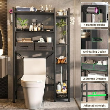 Over the Toilet Storage Upgraded version with 2 Drawers 7 Tier Bathroom Organizer with Adjustable Shelf Freestanding Space Saver above Toilet Stand with 4 Hooks Metal Bathroom Organizer Black