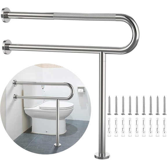 Toilet Support Rail 31.3X 31.5 Inch,  Anti-Slip Chrome Handicap Grab Bar for Bathroom, Stainless Steel Knurled Safety handrails with Leg for Elderly Disabled Pregnant-1.25’Tube