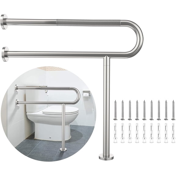Toilet Support Rail 31.3X 31.5 Inch, Anti-Slip Satin Brushed Nickel Handicap Grab Bar for Bathroom, Stainless Steel Knurled Safety handrails with Leg for Elderly Disabled Pregnant-1.25’Tube
